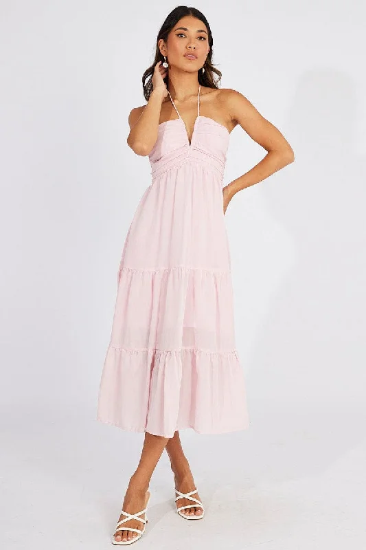 Maxi dresses for a beachside family celebration at sunset -Pink Maxi Dress Halter Neck Tiered