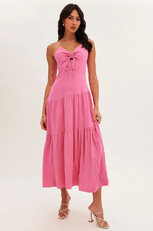 Maxi dresses for an elegant family reunion dinner in the garden -Pink Maxi Dress Sleeveless Tiered Linen Blend