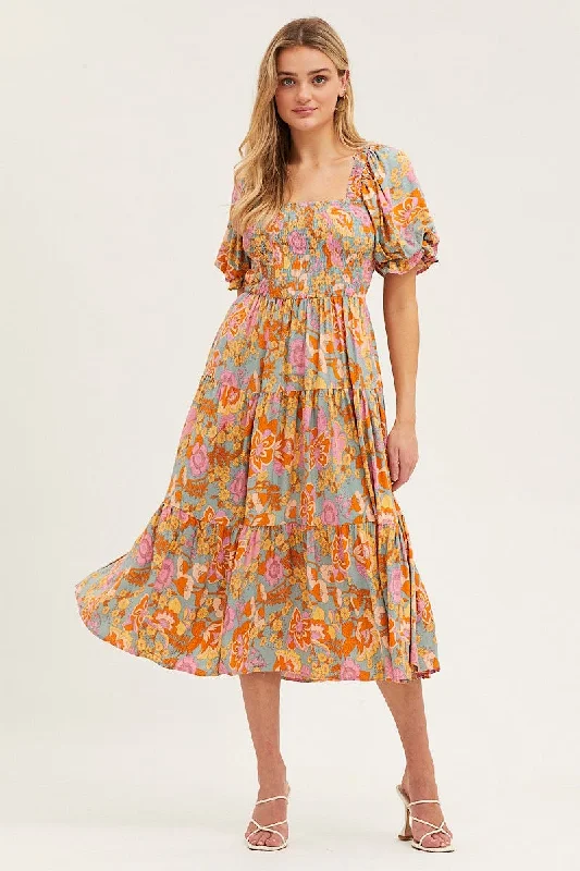 Maxi dresses for a tropical wedding at a resort -Print Dress Puff Sleeve Maxi