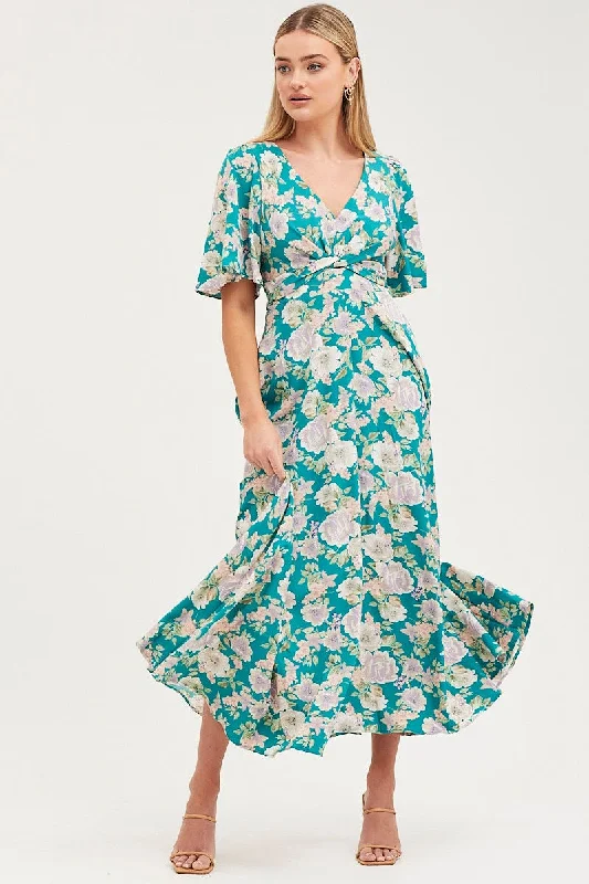 Maxi dresses with a deep neckline for an elegant look -Print Dress Short Sleeve Maxi V Neck Polyester