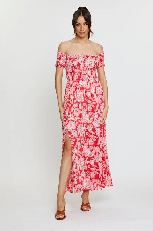 Maxi dresses for a chic rooftop dinner with friends -Print Maxi Dress Off Shoulder Evening