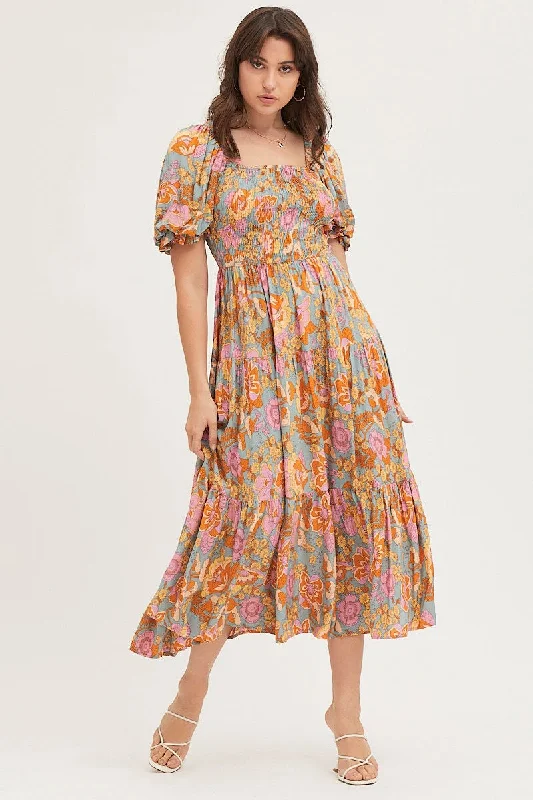 Maxi dresses for an elegant formal evening gathering by the sea -Print Maxi Dress Short Sleeve