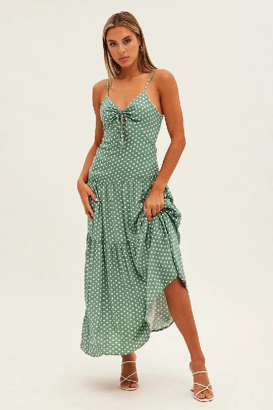 Maxi dresses for an intimate rooftop celebration in the city -Print Polka Dot Maxi Dress Sleeveless Tie Front Tiered Polka Dot