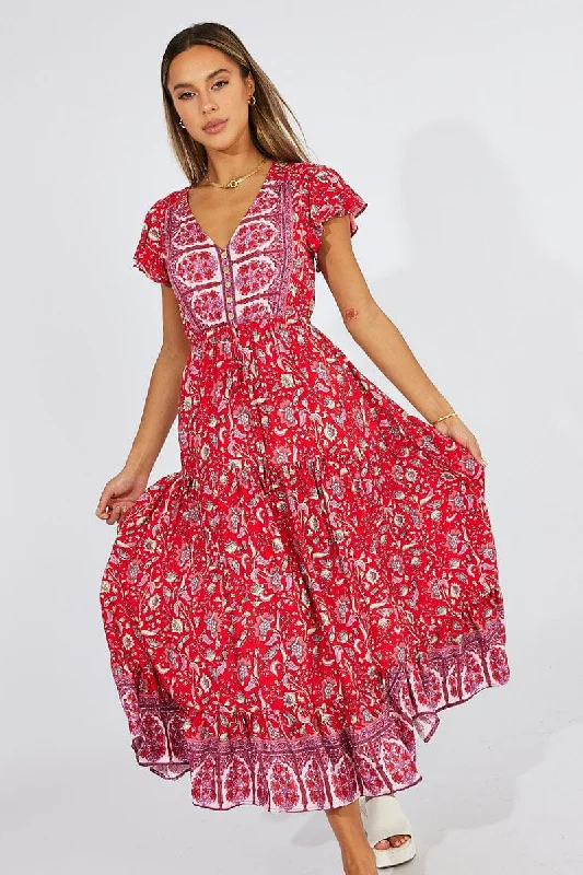 Maxi dresses for an elegant winter wedding in the snow -Red Boho Maxi Dress Short Sleeve