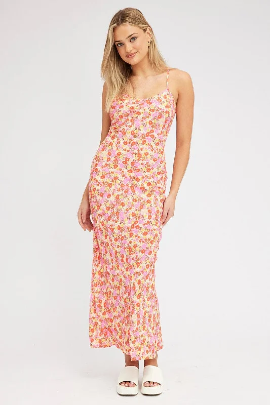 Maxi dresses for a garden celebration with a casual chic vibe -Red Floral Maxi Dress Bias Cut