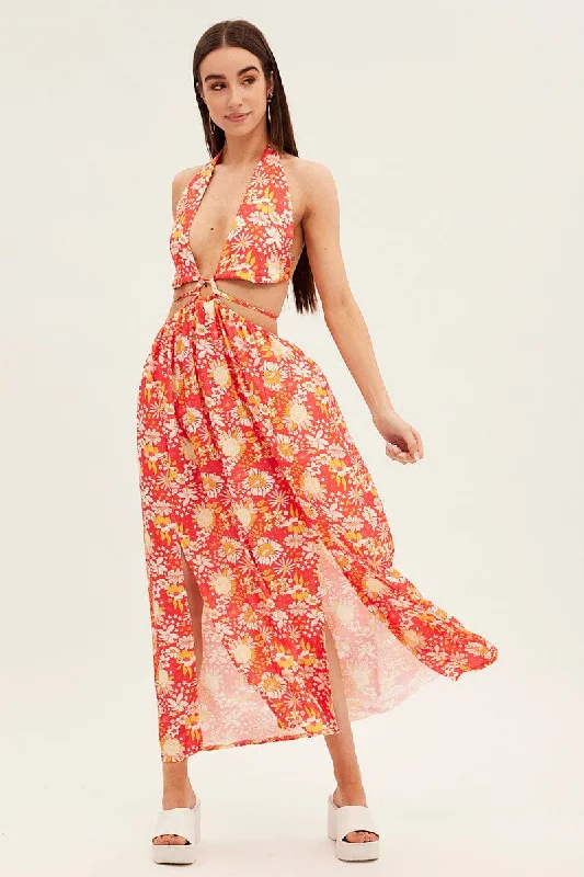 Maxi dresses for an intimate rooftop celebration with friends -Red Floral Maxi Dress Cutout Front Split