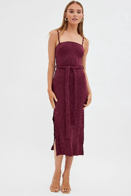 Maxi dresses for a chic evening gathering at a luxury hotel -Red Maxi Dress Bodycon Tie Belted Rib