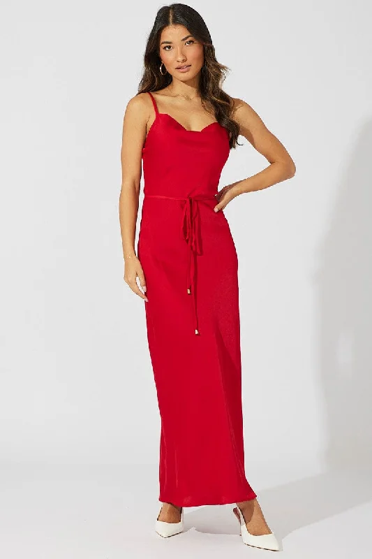 Maxi dresses for a luxury brunch event with friends by the beach -Red Maxi Dress Cowl Neck Satin