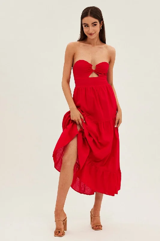 Maxi dresses for a tropical destination wedding on the beach -Red Maxi Dress Sleeveless Bandeau Ring Detail