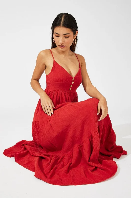 Maxi dresses for an upscale evening celebration in the city -Red Maxi Dress Sleeveless V-Neck