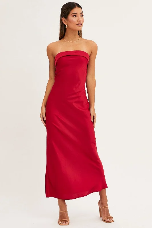 Maxi dresses for a stylish beach wedding with family and friends -Red Satin Dress Maxi Strapless