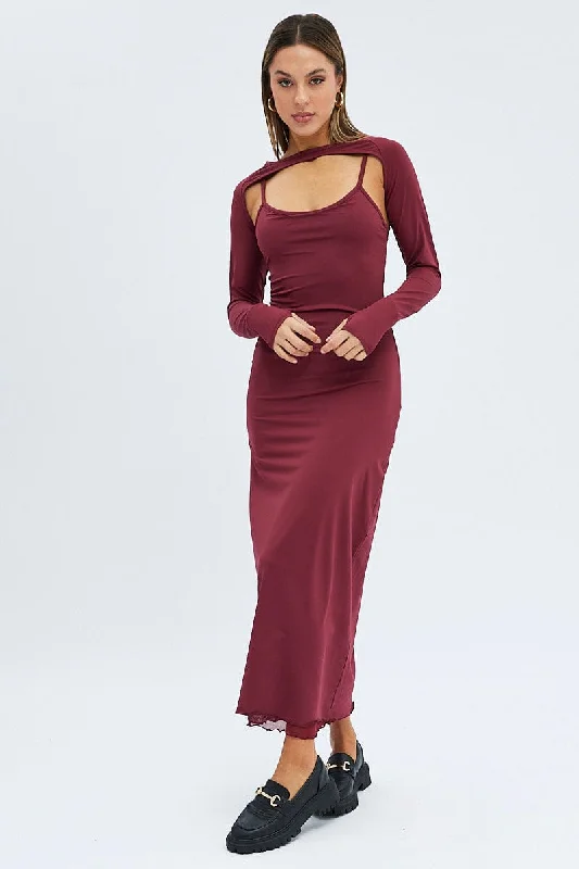 Maxi dresses for a stylish beach wedding with family and friends -Red Shrug & Dress Set Long Sleeve Maxi Bodycon Jersey