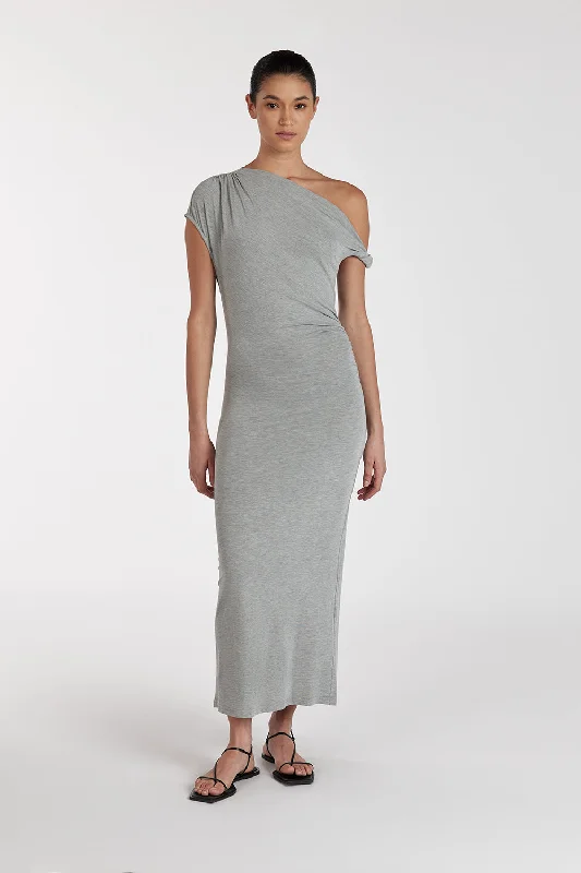 Maxi dresses for a casual outdoor celebration at the beach -RIO SILVER MARLE DRAPED MAXI DRESS