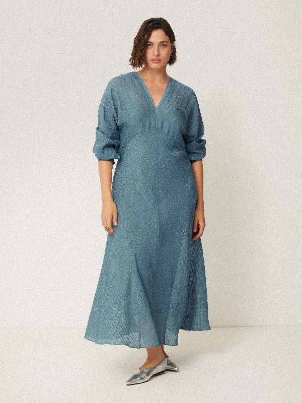 Maxi dresses for an elegant event in a private garden -Silk Linen Gauze Maxi Dress | Blue