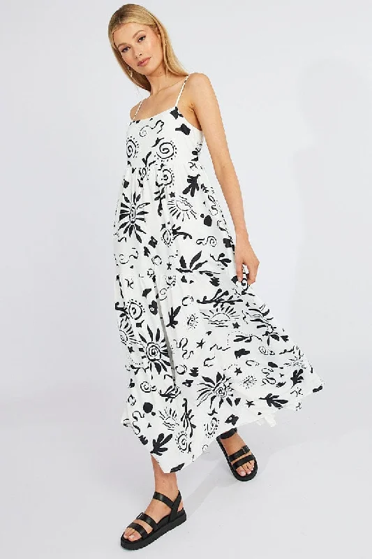 Maxi dresses for an elegant family dinner by the beach -White Abstract Maxi Dress Strappy Tiered