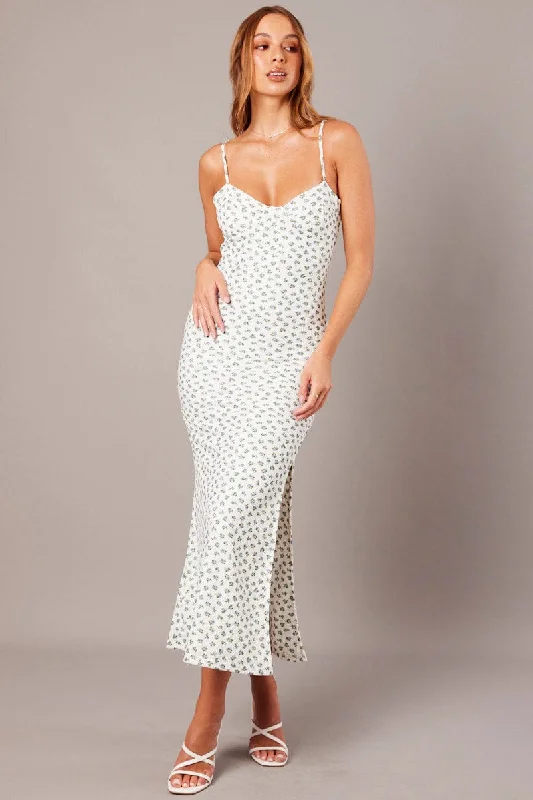 Maxi dresses for a romantic evening out in a stylish restaurant -White Ditsy Maxi Dress Sweetheart Neck Bodycon Textured