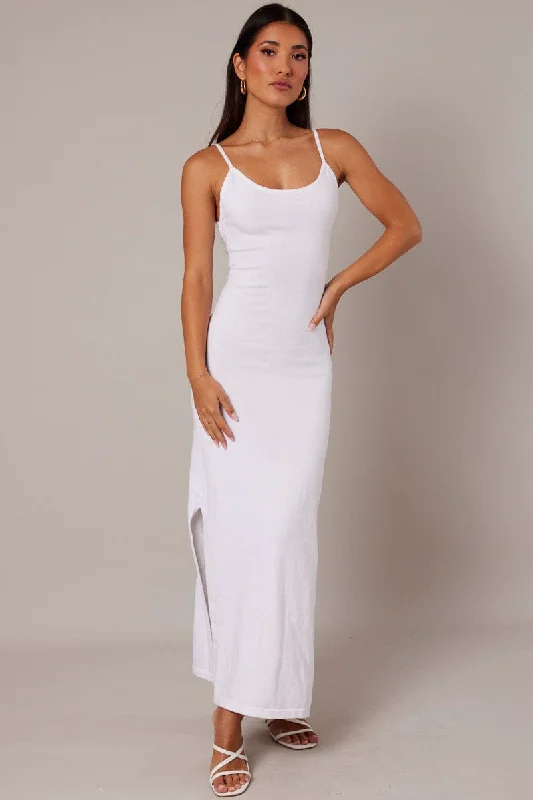 Maxi dresses with intricate lace for a romantic vibe -White Knit Dress Sleeveless Maxi