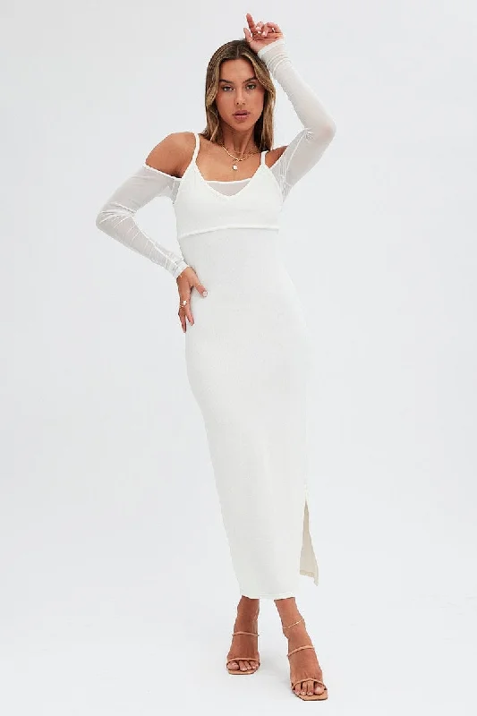 Maxi dresses for an upscale garden wedding with family -White Maxi Dress Long Sleeve Cold Shoulder Mesh Textured