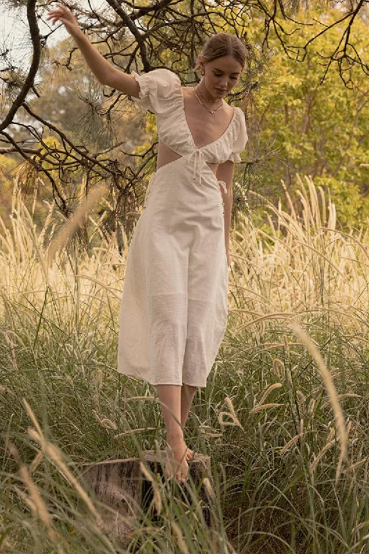 Maxi dresses for a romantic garden celebration under the stars -White Maxi Dress Puff Sleeve Cut Out