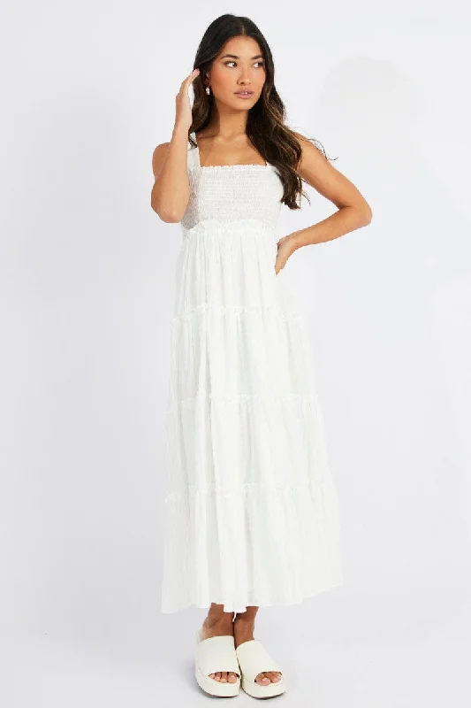 Maxi dresses for an intimate dinner celebration at a high-end venue -White Maxi Dress Shirred Bust Tiered