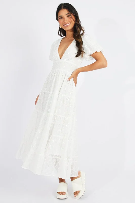 Maxi dresses for a stylish rooftop celebration at sunset -White Maxi Dress Short Sleeve Tiered Lace