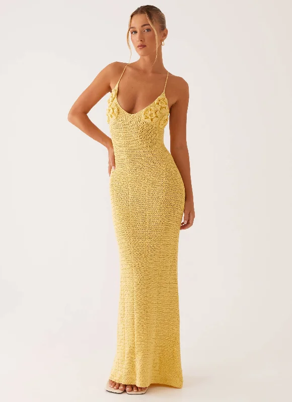 Maxi dresses for a sophisticated garden wedding reception -Zara Rose Crochet Maxi Dress - Yellow